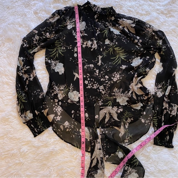 Sheer black floral high neck tie waist blouse - Picture 14 of 15